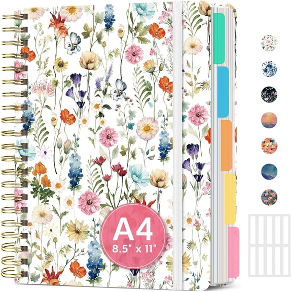 8.5"x11" 5 Subject Spiral Notebook, 280 Pages Ruled Journal with Dividers, Wildflowers