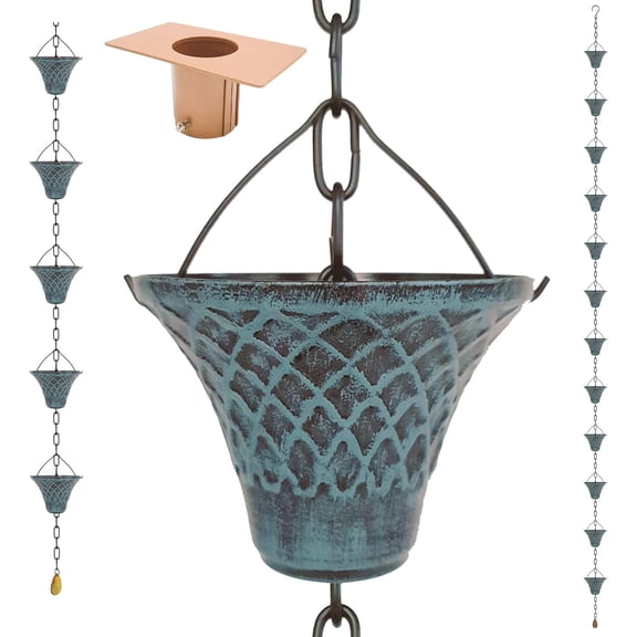 8.5FT Bell Iron Rain Chain for Gutters and Barrel+Adapter, Blue | Chains Downspout, Rust-Prevent Plated, Thick Chain, Decorative Large Cup, Rainwater, Outdoor, Heavy