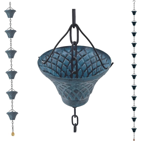 8.5FT Bell Iron Rain Chain for Gutters and Barrel, New Blue | Chains Downspout, Rust-Prevent Plated, Thick Chain, Decorative Large Cup, Rainwater, Outdoor, Heavy