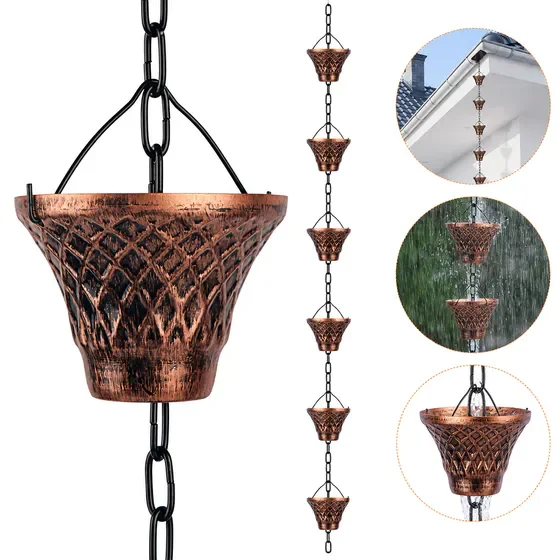 8.5FT Copper Rain Chain, Decorative 12-Cup Rain Catcher Chain Replacement for Outdoor Gutters Downspout