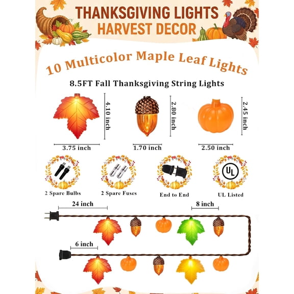 8.5FT Fall String Lights, 10 LED Bulbs, Plug in