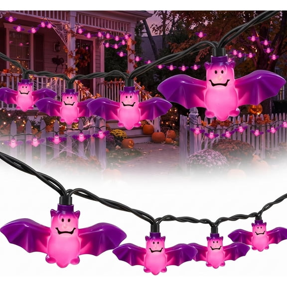 8.5FT Halloween Bat String Lights, Plug in 10 LED Purple Bat Decor Lights