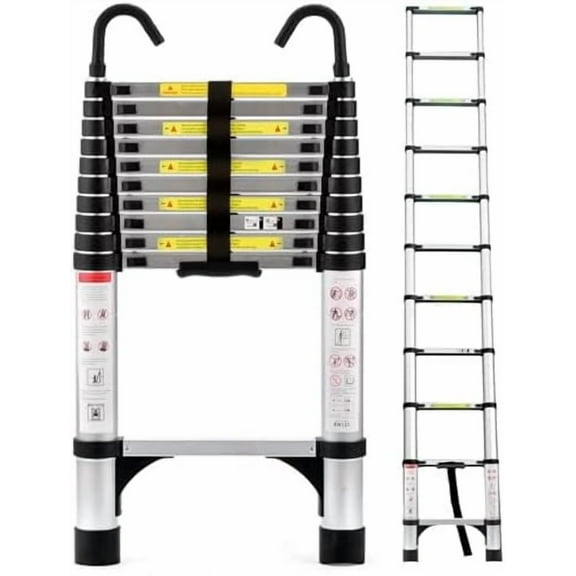 8.5FT Telescopic Ladder, Aluminum Alloy Multi-Purpose Folding Ladder with Hooks & Triangular Support, Lightweight Portable Ladder for Home, RV, Outdoor Use, Load Bearing 330 lb, Silver (8.5FT)