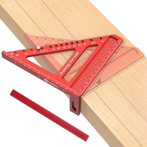 8.5Inch 6-in-1 Carpenter Square (1/16" Precision), 0-90? Alloy Carpenter Square, Woodworking Protractor Drawing Line, Miter Triangle Ruler Layout, Red