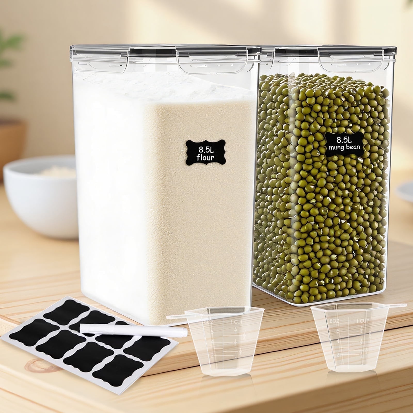 8.5L/287Oz Airtight Cereal Container Flour Storage with Lids, Extra Large Food Storage Containers Pantry with Measuring Cups, Chalkboard Labels and Marker for Kitchen Organization, 2 Pack - Walmart.com