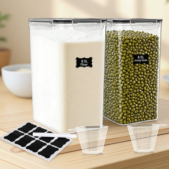 8.5L/287Oz Airtight Cereal Container Flour Storage with Lids, Extra Large Food Storage Containers Pantry with Measuring Cups, Chalkboard Labels and Marker for Kitchen Organization, 2 Pack
