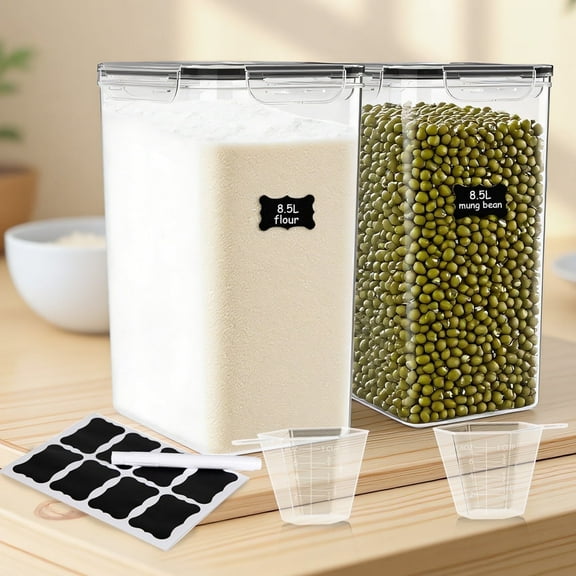 8.5L/287Oz Airtight Cereal Container Flour Storage with Lids, Extra Large Food Storage Containers Pantry with Measuring Cups, Chalkboard Labels and Marker for Kitchen Organization, 2 Pack