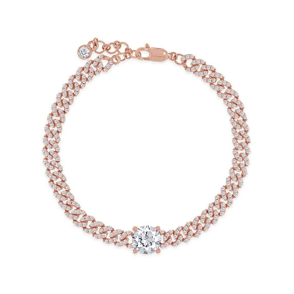 8.5MM Center Round Cut Lab Created Moissanite Adjustable Single Row Cuban Chain Bracelet For Women In 14K Rose Gold With 1" Extension(G-H Color,VVS1 Clarity,3.40 Cttw)-7IN