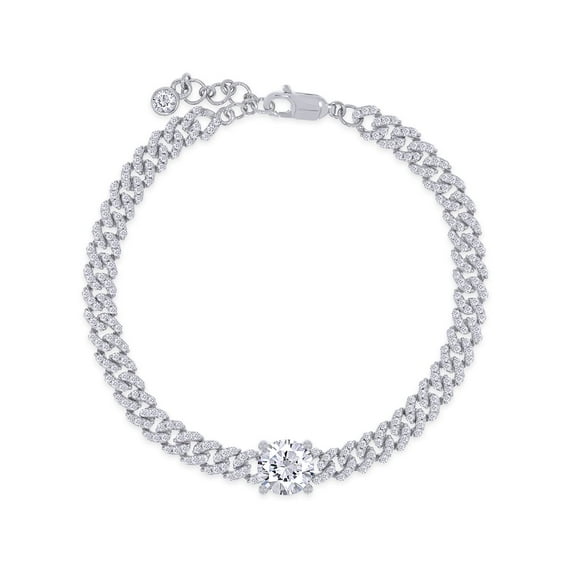 8.5MM Round Cut Lab Created Moissanite Adjustable Single Row Cuban Chain Bracelet For Women In 14K White Gold Over Sterling Silver With 1" Extension(G-H Color,VVS1 Clarity,3.40 Ct)-7.0 INCH