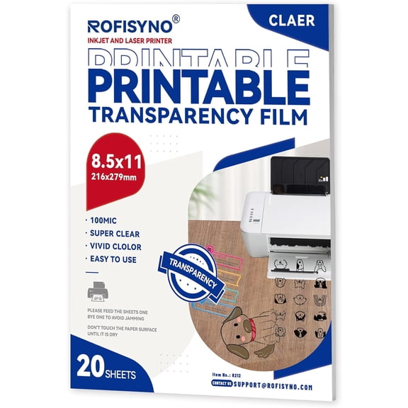 8.5X11 Printable Transparency Sheets, 4mil Clear Overhead Projector Film for Inkjet and Laser printer, 20 Pack
