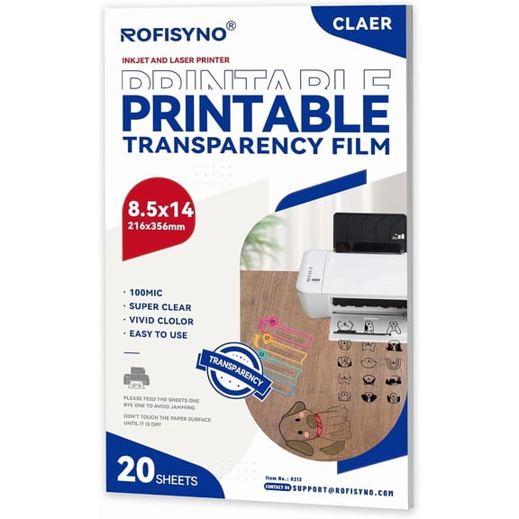 8.5X14 Printable Transparency Sheets, 4mil Clear Overhead Projector Film for Inkjet and Laser printer, 20 Pack