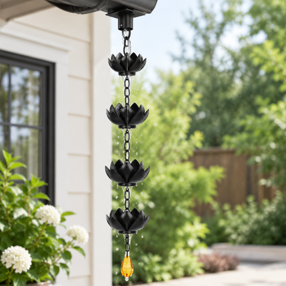 8.5ft Black Lotus Rain Chain For Gutter Downspout Outdoor Decor