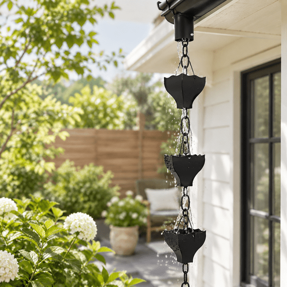 8.5ft Black Rain Chain Cups For Gutters Downspouts Outside