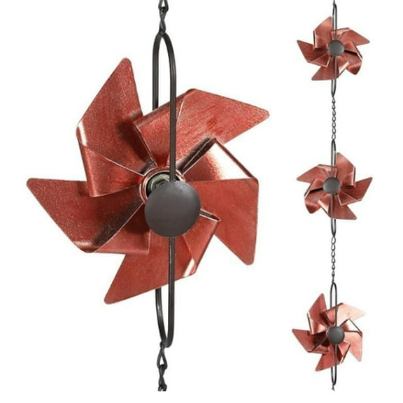 8.5ft Metal Windmill Rain Chain for Outdoor Gutter Water Diversion, Decorative Garden Accent for Patio or Yard, Weather-Resistant Alternative to Downspouts with Soothing Waterfall Sound
