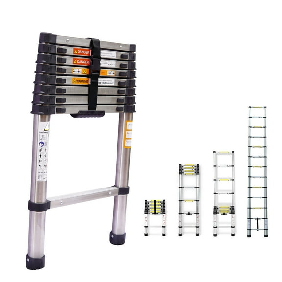 8.5ft Multi-Purpose Extension Ladder Stainless Steel Telescoping Folding Ladder 330lbs Max Load Capacity, Portable Sturdy Extendable Ladder Space Saving for Home Office DIY Building Maintenance