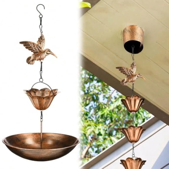 8.5ft Rain Chains for Gutters Outside with Anchor Basin 12 Cups Hummingbird Rain Chain Catcher Lotus Downspout Replacement Adjustable Metal Garden Rainwater Divert for Eaves Drainage