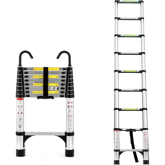 8.5ft Telescoping Ladder, Aluminum Extension Ladder with Hook, Multi-Purpose Collapsible Ladder for Home, RV, and Attic, 330 lbs Capacity, Folding Telescoping Ladder for Daily Use (8.5 FT)