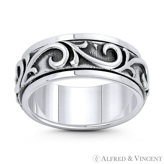 8.5mm (0.33in) Men's Spinning Ring Swirl Pattern "Wind Gust" Stackable Band in Oxidized .925 Sterling Silver