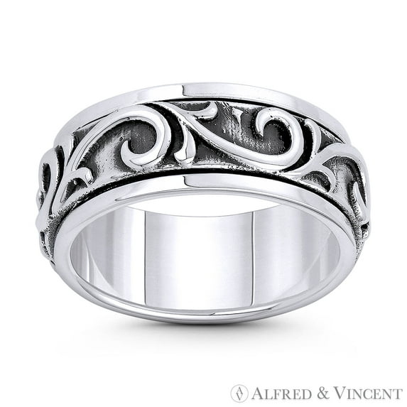 8.5mm (0.33in) Men's Spinning Ring Swirl Pattern "Wind Gust" Stackable Band in Oxidized .925 Sterling Silver