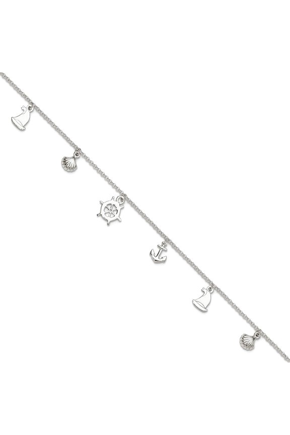 8.5mm 925 Sterling Silver Polished Ocean Theme Plus 1in Extension Anklet 10 Inch Anklet for Women