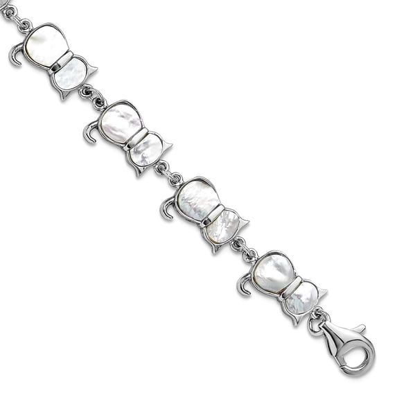 8.5mm 925 Sterling Silver Rhodium Plated Simulated Mother of Pearl Cat Link Bracelet 7.5 Inch Link Bracelet for Women