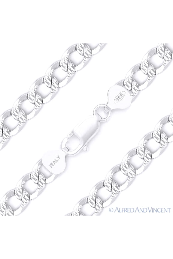 8.5mm Cuban / Curb Link D-Cut Pave Italian Chain Bracelet in .925 Sterling Silver