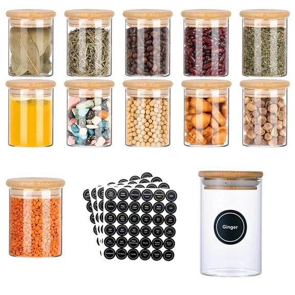8.5oz Glass Food Storage Jars, Round Glass Jars with Bamboo Lids, Kitchen Spice Jars, Set of 12, Canisters with Airtight Lids for Spice, Coffee, Tea, Herbs, Grains, Cookie, Pantry Organizers