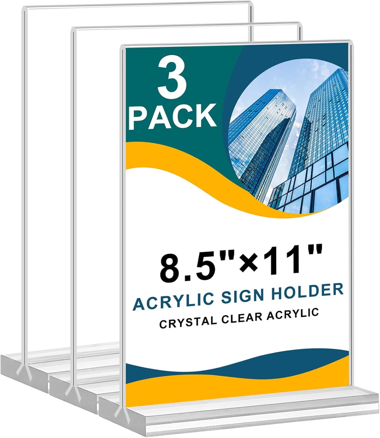 3 Pack Acrylic Sign Holders 8.5x11 Inch – Wood Base Tabletop Display Stand For Menus, Flyers, Photos