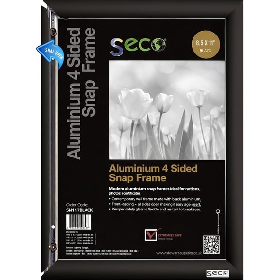 8.5x11 Black Snap Frame | Front Loading Aluminum Poster Frame | Easy Open Sign, Notice & Certificate Display
