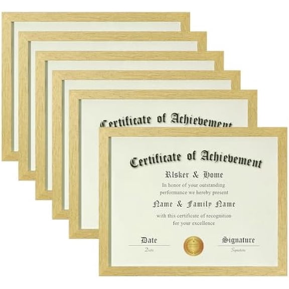 8.5x11 Certificate Frame 6 Pack,Gold 8.5x11 Picture Frame with Semi-Tempered Glass - Sturdy Wood Composite Award Diploma Frame - Includes Hanging Hardware and Desktop Easel