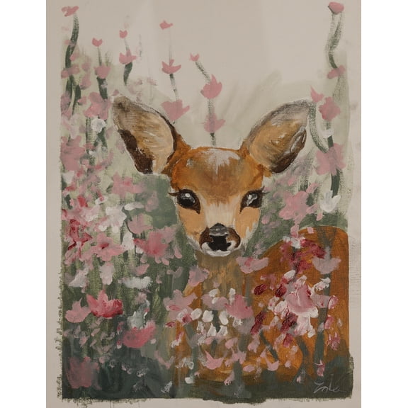 8.5x11" Deer In Pink Flowers Painting- Child Artist- Fine Art Print Poster , Poster Print Only