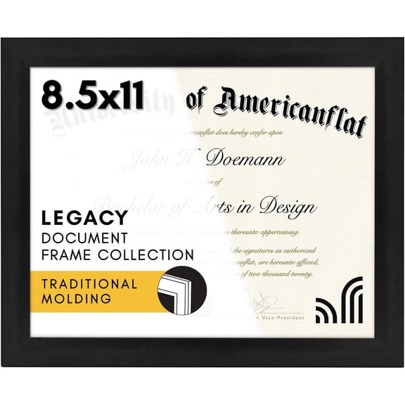 8.5x11 Diploma Frame with Shatter-Resistant Glass - Document Frames with Engineered Wood - Legacy Collection - Certificate Frame for Tabletop and Wall Display - Black