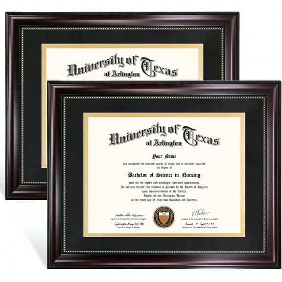 8.5x11 Diploma Frame With Black Over Gold Mat Or Display 11x14 Document Without Mat UV Protection Acrylic Mahogany With Gold Beads Set Of 2