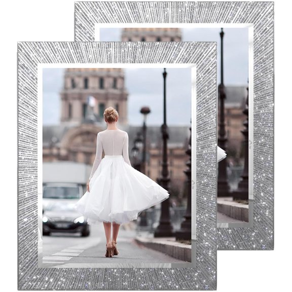 8.5x11 Glass Picture Frame Set of 2, Glitter Photo Frame for Tabletop or Wall Display, Spaekle 8.5 by 11 Silver Wedding Frame