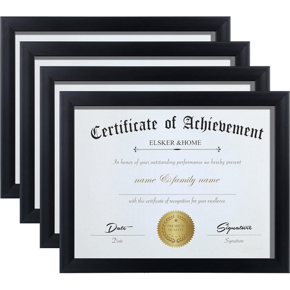 8.5x11 Picture Frame - Black Sturdy Wood Composite Certificate Frame - Semi-Tempered Glass - Includes Hanging Hardware and Desktop Easel - for Document/Diploma Frame (4 Pack)