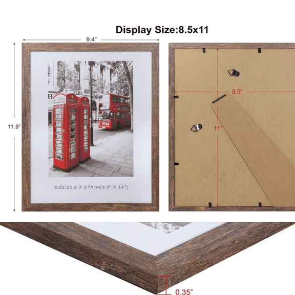 8.5x11 Picture Frame Set of 6, Certificate Document Frame Set with Display Box, Rustic Style Antique Brown Wood Grain Photo Frame Suitable for Desktop Display and Wall ation.