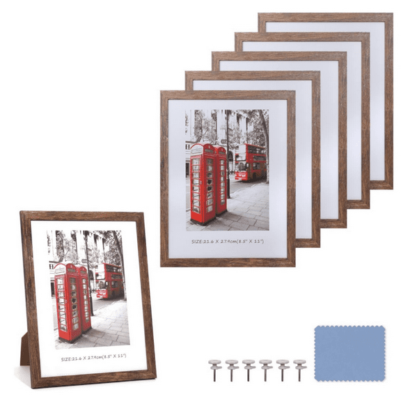 8.5x11 Picture Frame Set of 6, Certificate Document Frame Set with Display Box, Rustic Style Antique Brown Wood Grain Photo Frame Suitable for Desktop Display and Wall ation.