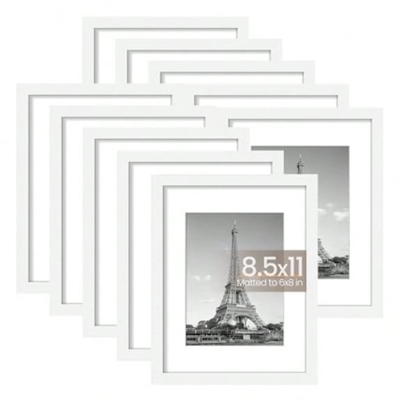 8.5x11 Picture Frame Set of 10 Display Pictures 6x8 with Mat or 8.5x11 Without Multi Photo Frames Collage for Wall or Tabletop Display White