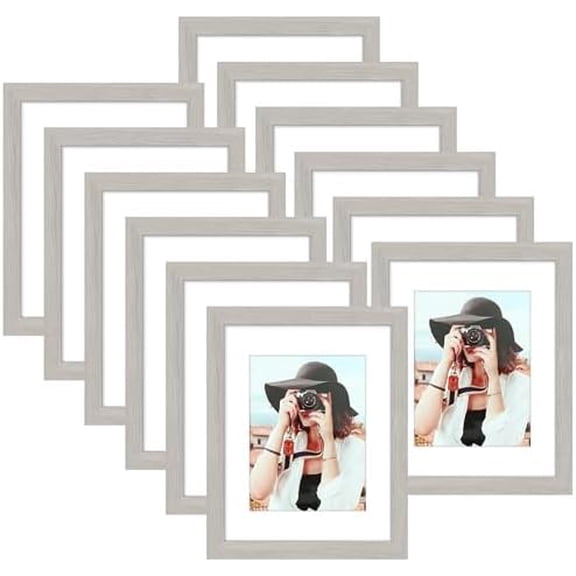 8.5x11 Picture Frame Set of 12, Display 6x8 with Mat or 8.5 x 11 without Mat, Photo Frames for Wall Mounting or Table Top Display, Gray