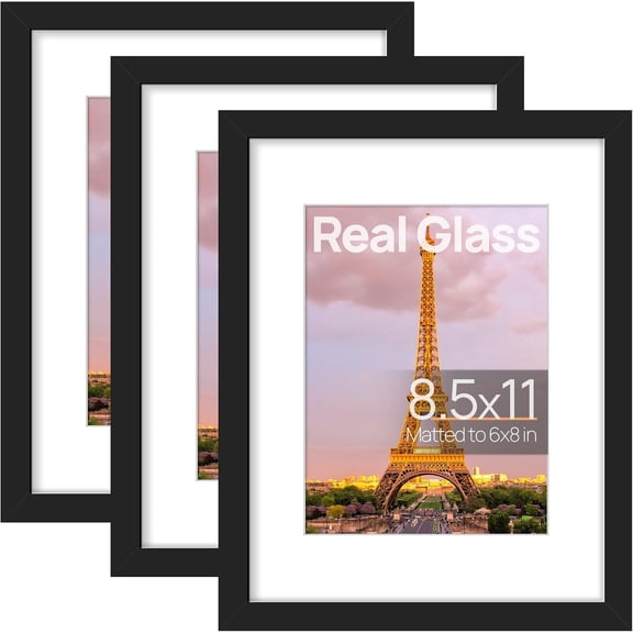 8.5x11 Picture Frame Set of 3, Made of High Definition Glass for 6x8 with Mat or 8.5x11 Without Mat, Wall and Tabletop Display Photo Frames, Black