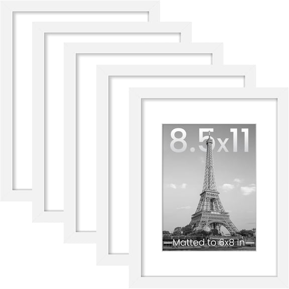 8.5x11 Picture Frame Set of 5, Display Pictures 6x8 with Mat or 8.5 by 11 Without, Wall Gallery Photo Frames, White