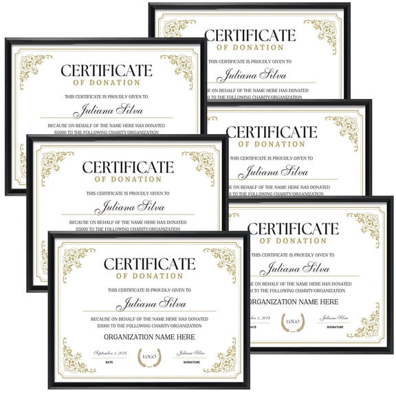 8.5x11 Picture Frame Set of 6, Black Certificate Frame Wall or Tabletop Photo Frame