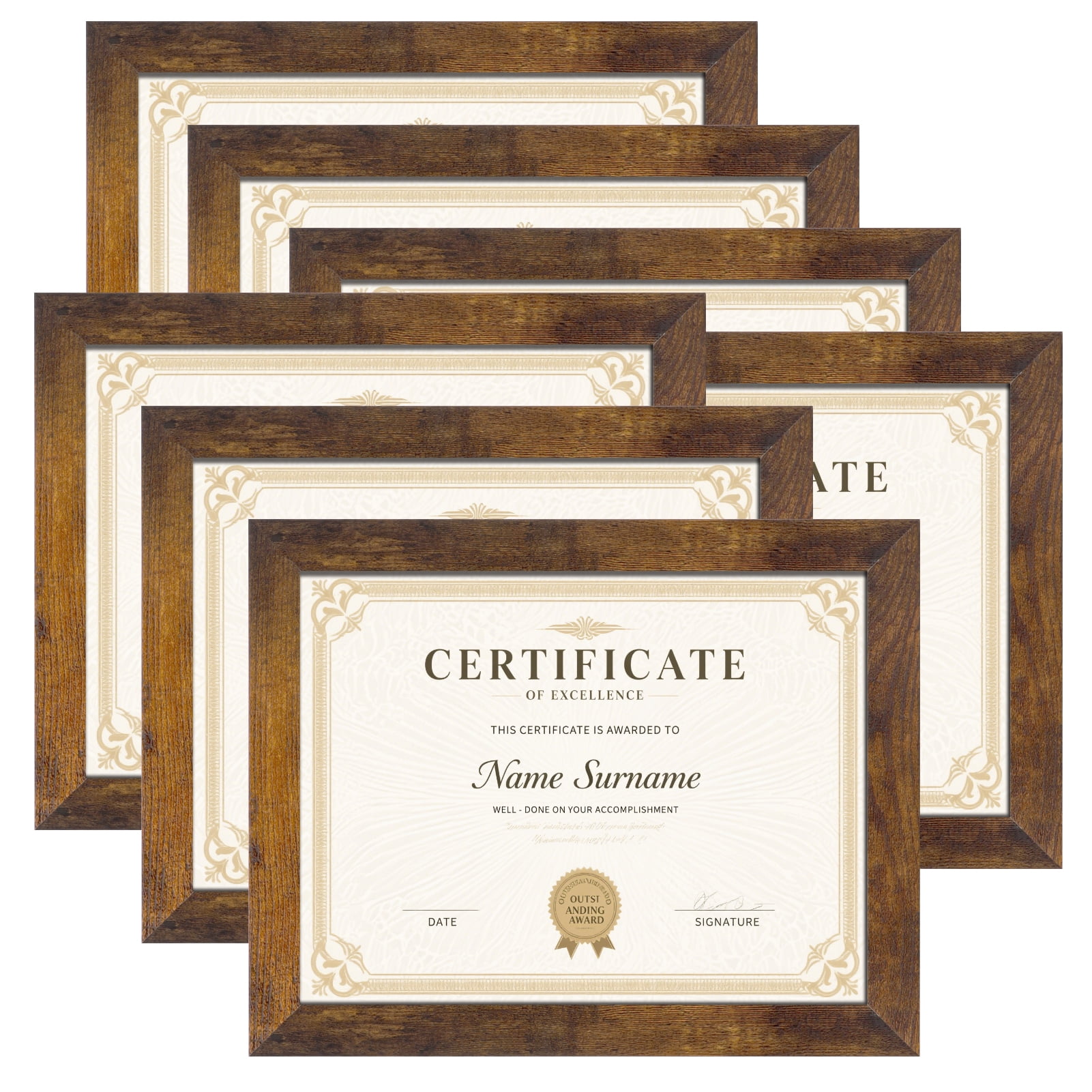 8.5x11 Picture Frame Set of 7, Award Certificate Diploma Document Bulk 8.5 by 11 College Frames for Wall or Tabletop Display, Brown