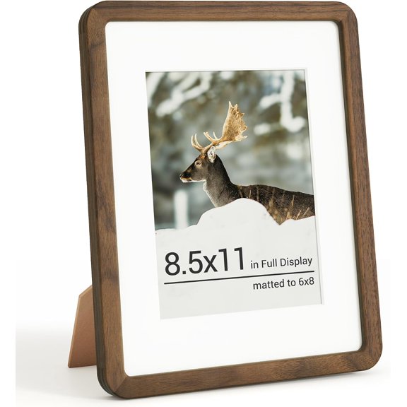 8.5x11 Picture Frame, Solid Walnut Wood Photo Frame with Double Tenon Rounded Corner & Chamfered Curved Edge, 8.5 by 11 Wooden Frame Matted to 6x8 Photos, Diploma Certificate Document Frame