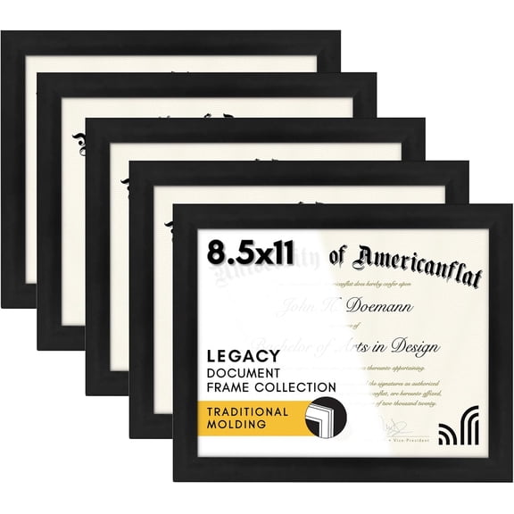 8.5x11 Picture Frame with Polished Plexiglass - Set of 5 - Legacy Collection - Certificate Frames for Tabletop and Wall Display - Black