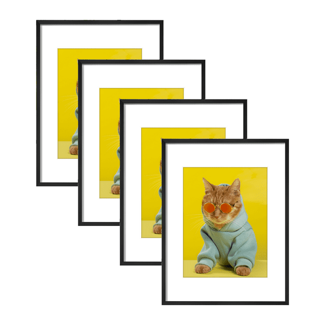 Set of 4 Large 8.5x11 Black Picture Frames, Matted to 12x16 for Wall