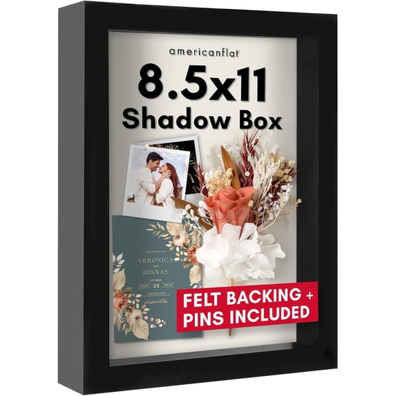 8.5x11 Shadow Box Frame with Shatter-Resistant Glass - Silhouette Collection - Large Shadow Box Display Case for Tabletop and Wall Display - Black with Soft Felt Back