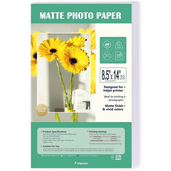 8.5x14 Matte Photo Printer Paper 52lb for Inkjet Printing, Thick Coated Presentation Paper with Vivid Color Output, Fast Dry Matte Finish for Flyers, Brochures, 100 Pack