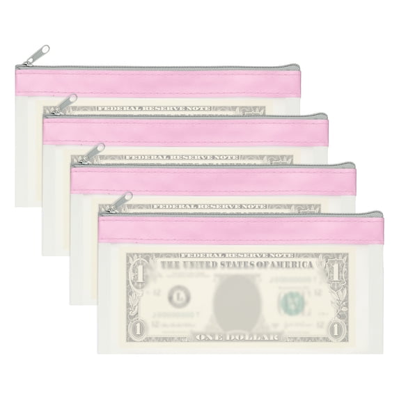 8.5x4 Inch Money Bags with Zipper, 4Pcs Clear Cash Deposit Bank Pouch Envelopes Check Wallet for Coin Cosmetics Invioce Bill, Pink