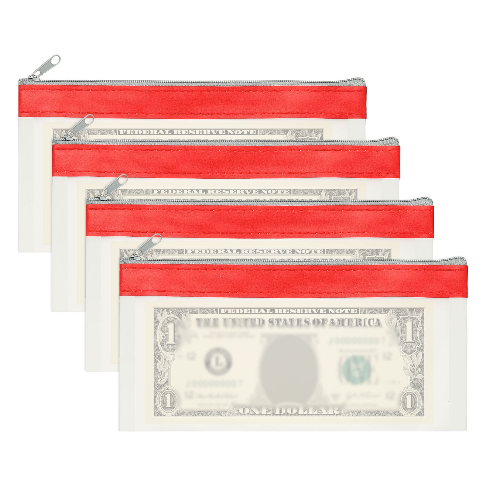 8.5x4 Inch Money Bags with Zipper, 4Pcs Clear PVC Cash Deposit Bank Pouch Envelopes Check Wallet for Coin Cosmetics Invioce Bill, Red